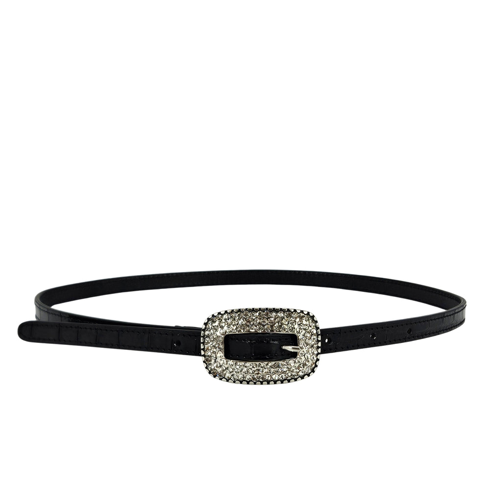 Black croc-embossed leather belt with rhinestone oval buckle and metal prong closure