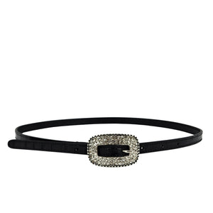 Black croc-embossed leather belt with rhinestone oval buckle and metal prong closure