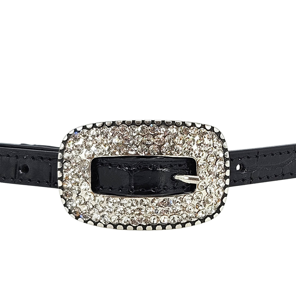 Black croc-embossed leather belt with rhinestone oval buckle and metal prong closure