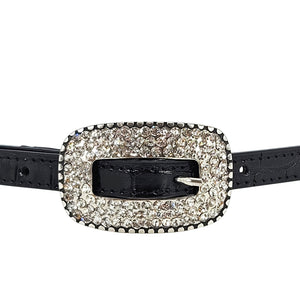Black croc-embossed leather belt with sparkling rhinestone oval buckle