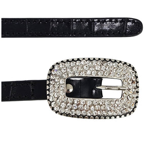 Black croc-embossed leather belt, rhinestone-covered buckle with prong bar