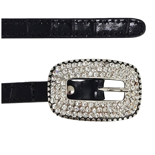 Black croc-embossed leather belt, rhinestone-covered buckle with prong bar