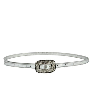 Silver thin croc-embossed leather belt with oval rhinestone buckle and pin closure