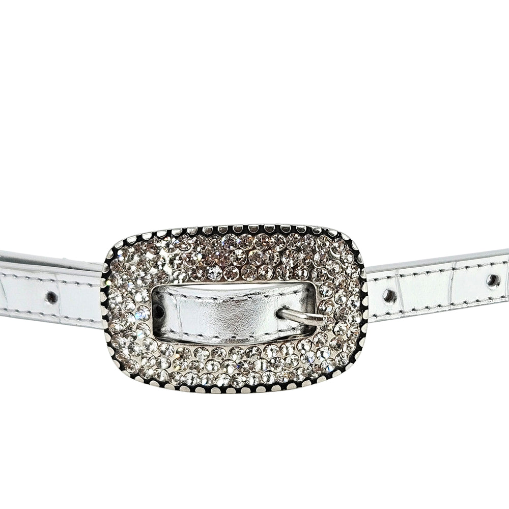 Silver thin croc-embossed leather belt with oval rhinestone buckle and pin closure