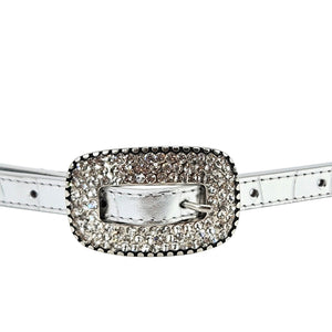 Silver belt with oval rhinestone buckle featuring metal clasp center