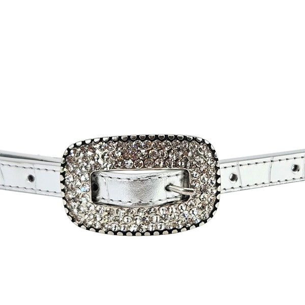 Silver belt with oval rhinestone buckle featuring metal clasp center