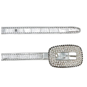 Silver leather belt with stitched end, belt holes, and oval rhinestone buckle
