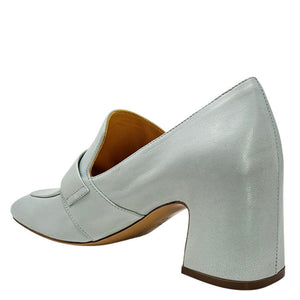 Seafoam leather slip-on loafer with structured block heel and curved topline