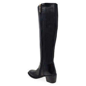 Black knee-high boot with side zipper, block heel, and rounded toe
