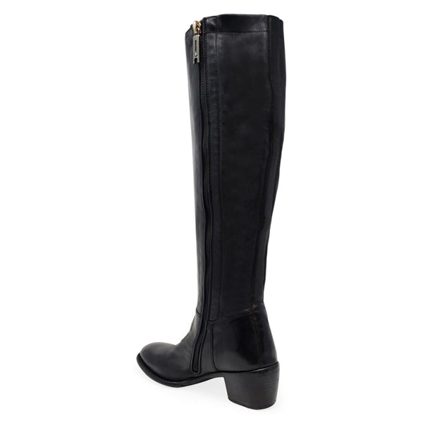 Black knee-high boot with side zipper, block heel, and rounded toe