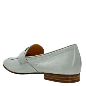 Seafoam leather flat loafer from side view with low stacked heel