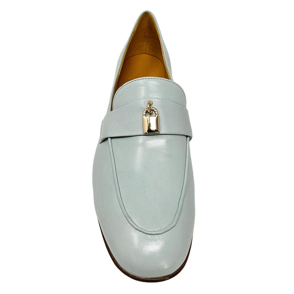 Seafoam leather loafer front view with gold buckle and low heel
