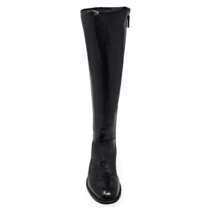 Black knee-high boot with glossy finish and low block heel