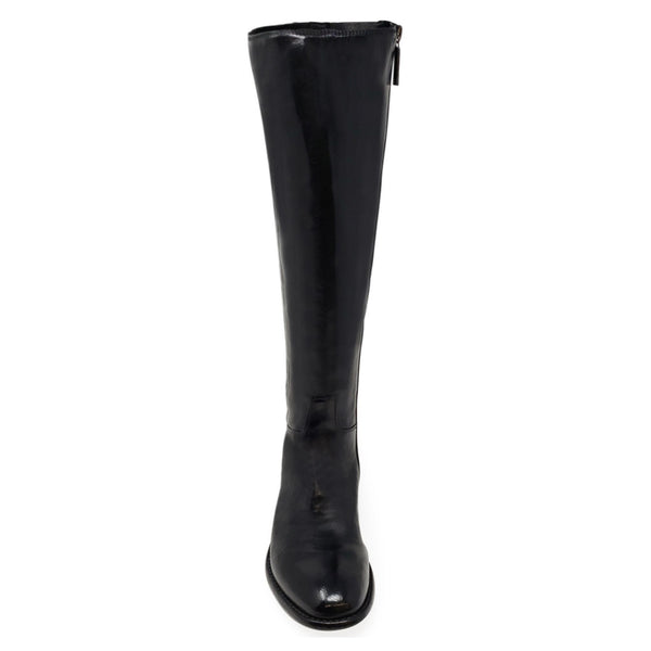 Black knee-high boot with glossy finish and low block heel