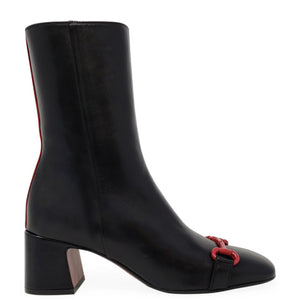 Black leather mid-calf boot with block heel and red back stripe detail