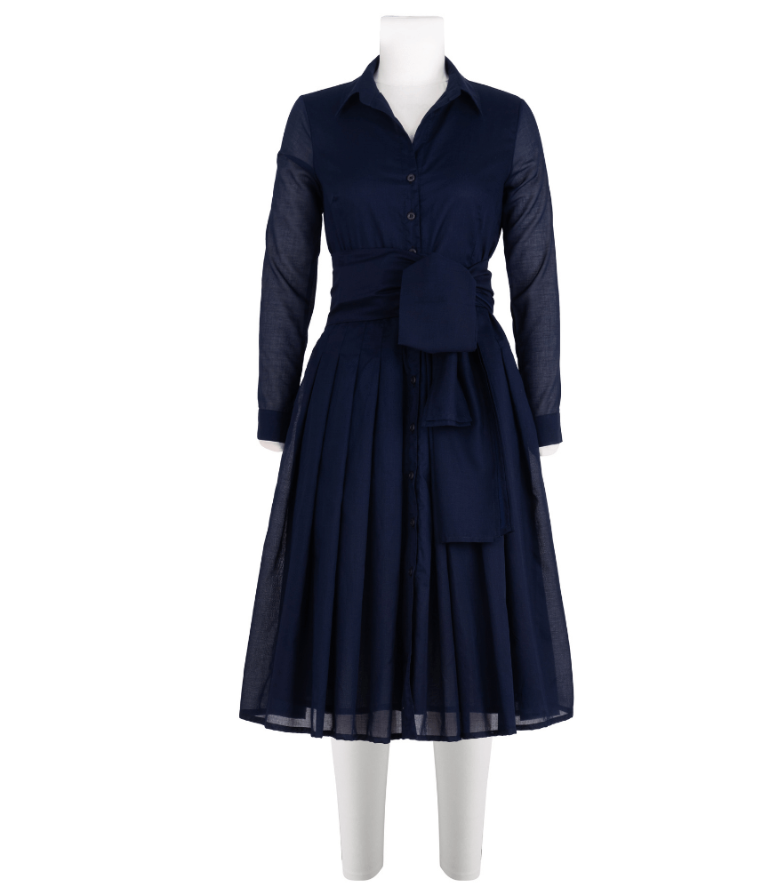 Indigo midi dress with button-up front, long sleeves, pleated skirt and tie belt