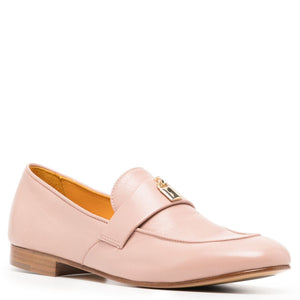 Light pink leather loafer with gold-tone lock ornament on strap, flat low heel