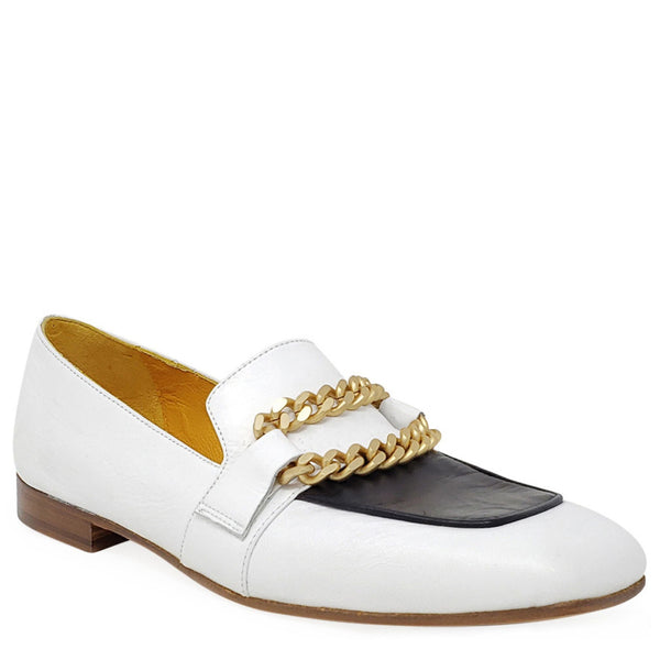 White loafer with gold chain strap and black inset, low block heel