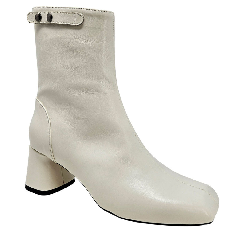 Off-white ankle boot with chunky block heel, side elastic panels, pull tabs