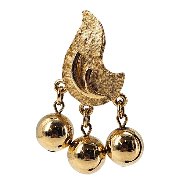 Gold textured fan clip-on earrings with three dangling spherical charms and chain links