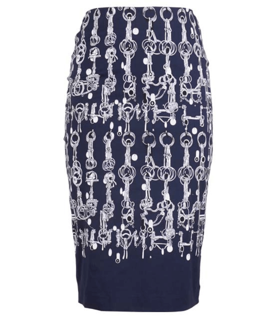 Long indigo skirt with silver chain link pattern, straight pencil silhouette