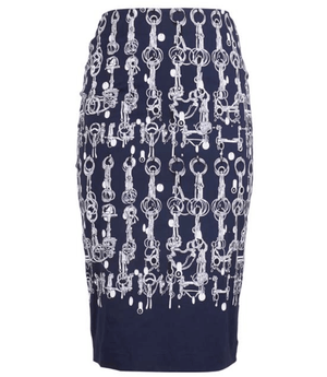 Long indigo skirt with silver chain link pattern, straight pencil silhouette