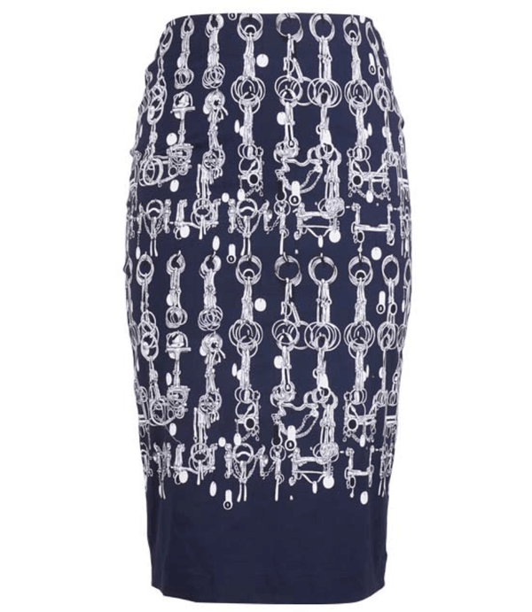 Long indigo skirt with silver chain link pattern, straight pencil silhouette