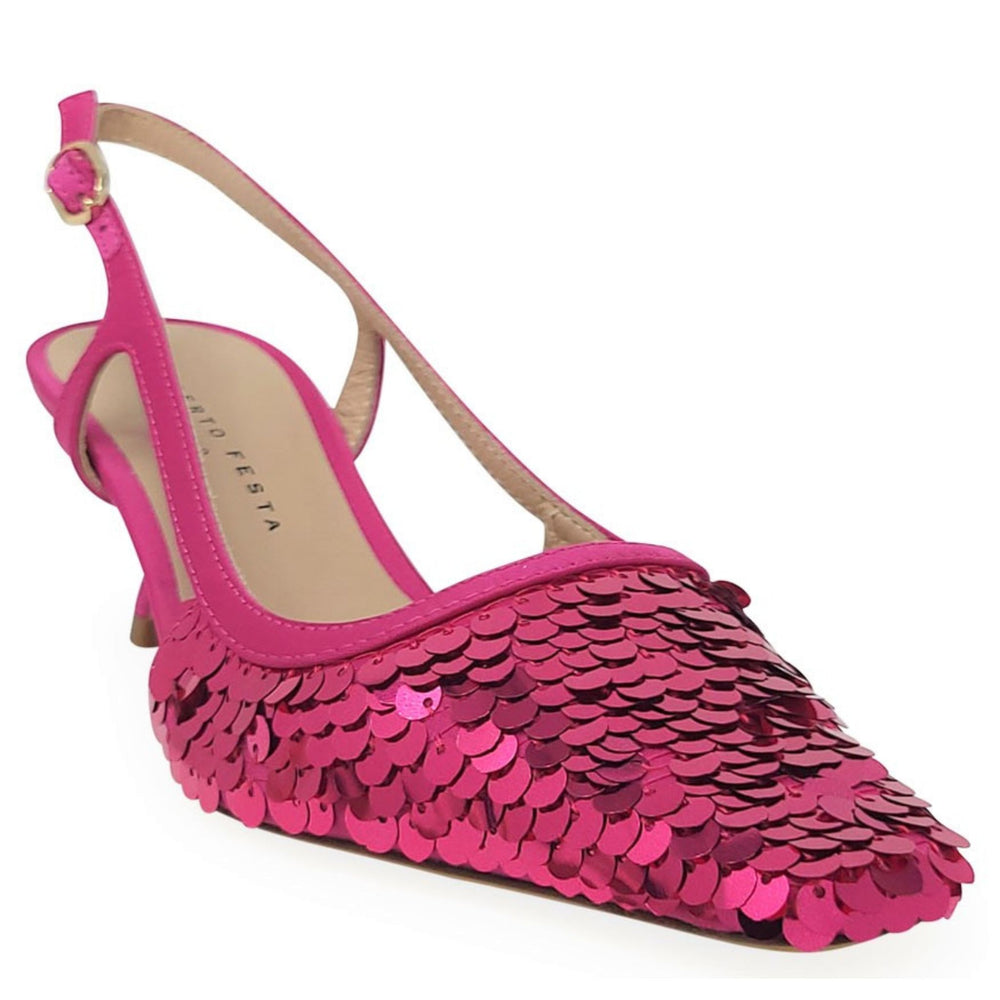 Fuchsia sequin slingback pump with pointed toe and slim heel