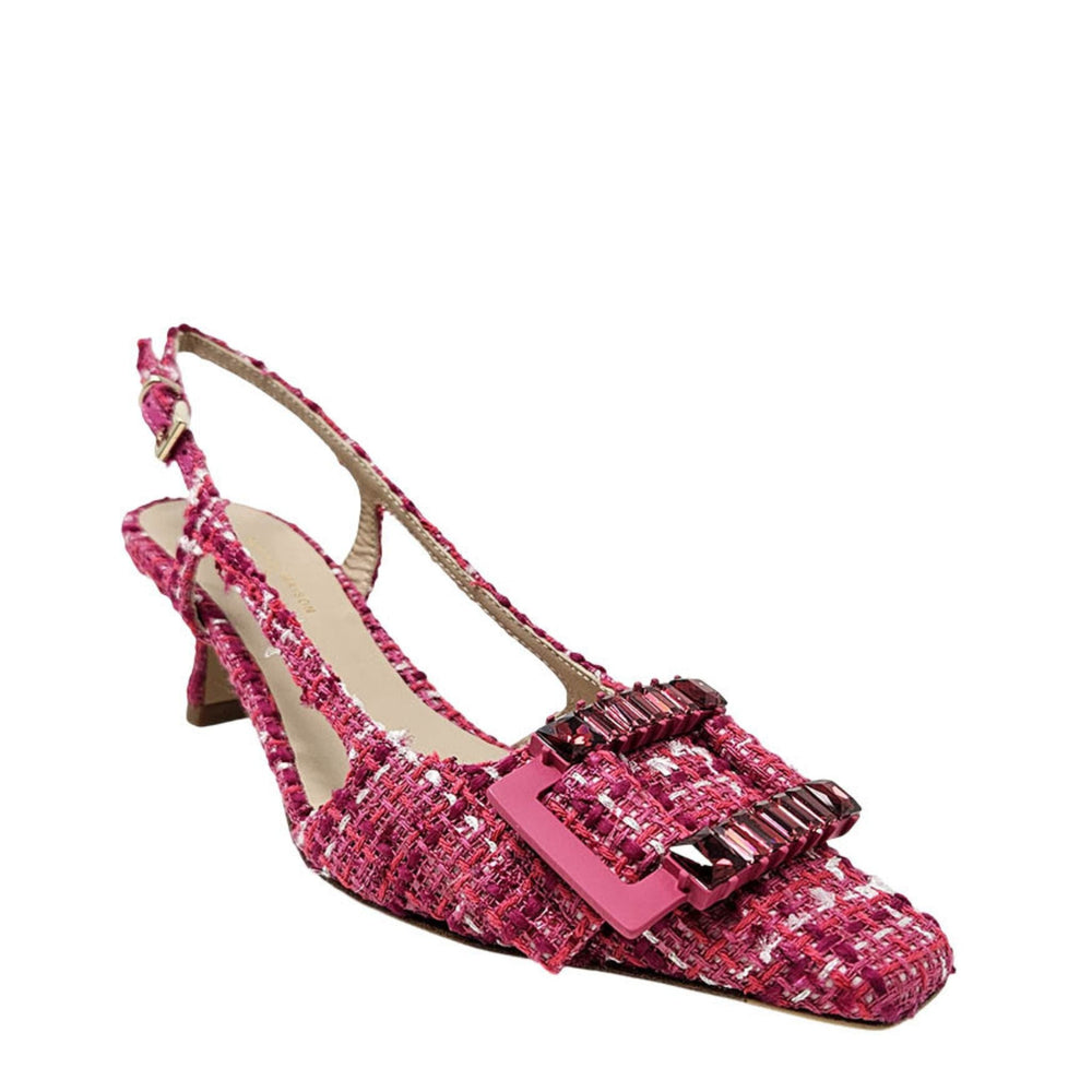 Cherry tweed slingback heels with buckle strap and mid heel