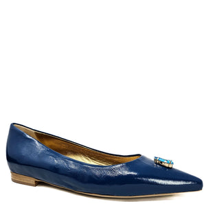Blue pointy-toe ballet flats with gold-toned heel and jewel accent