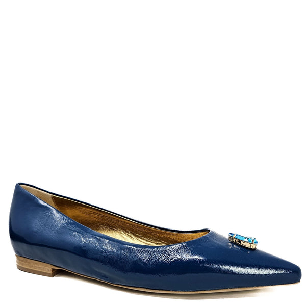 Blue pointy-toe ballet flats with gold-toned heel and jewel accent