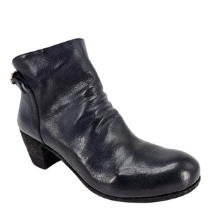 Navy leather ankle boot with block heel, smooth finish, rounded toe