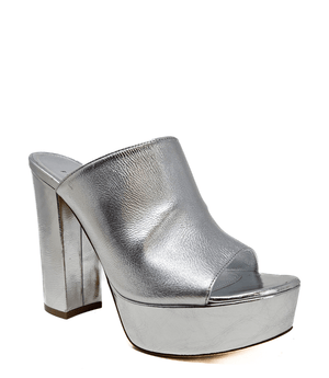 Silver open-toe platform sandal with thick sole and block heel.