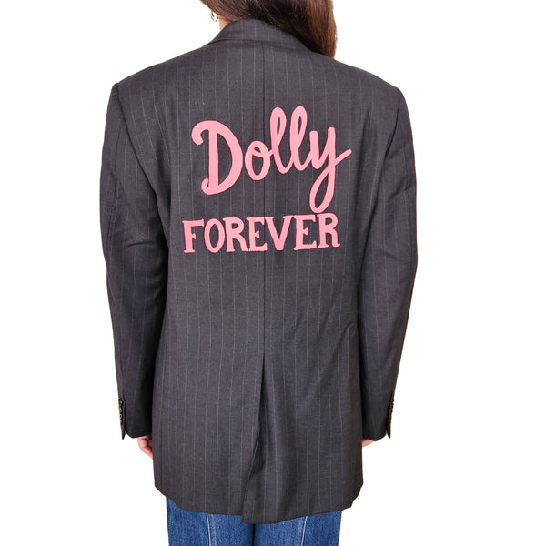 Charcoal pinstripe blazer, back print reading 'Dolly Forever' in pink