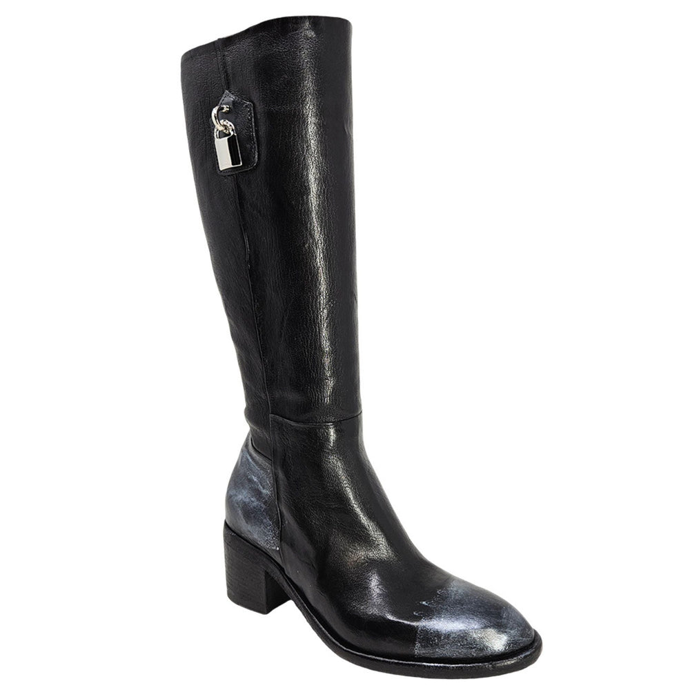 Black tall leather lock boot with side buckle detail and block heel