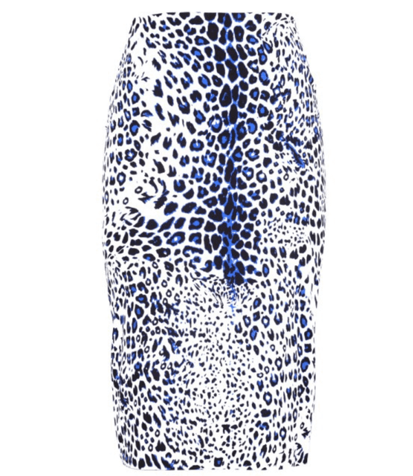 Long leopard-print skirt in white with cobalt-blue spots, fitted silhouette
