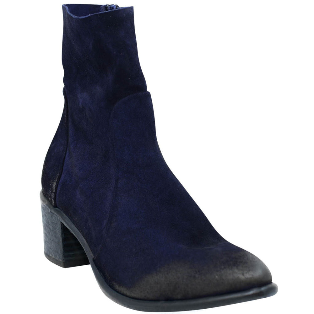 Navy suede ankle boot with block heel and almond toe