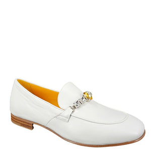 White leather flat loafer with rhinestone jeweled strap at vamp