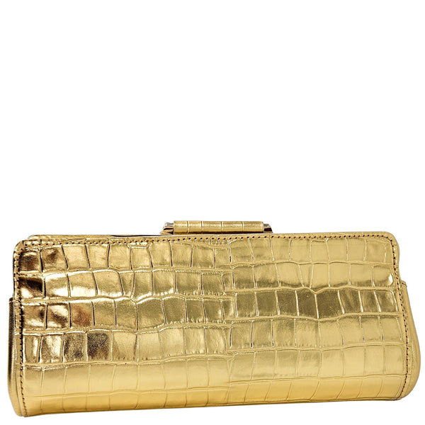 Gold croc-embossed leather clutch with top clasp and short handle