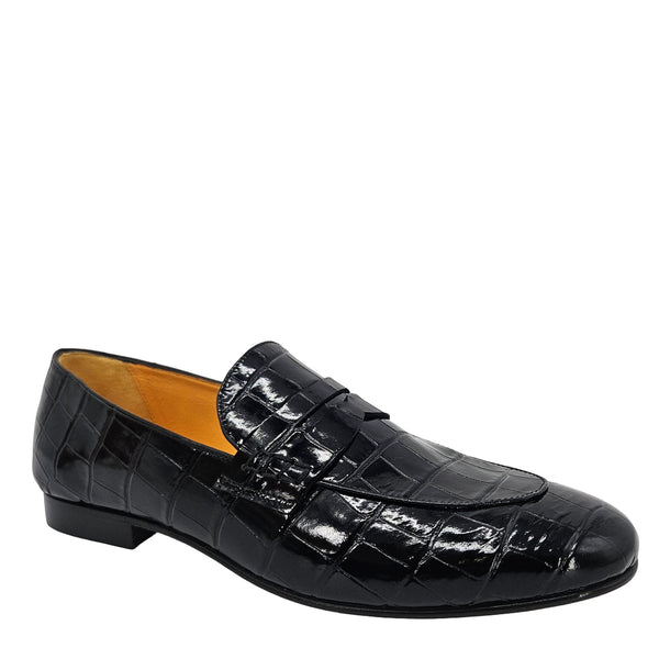 Black croc-embossed leather moc loafer with stitched vamp and strap detailing