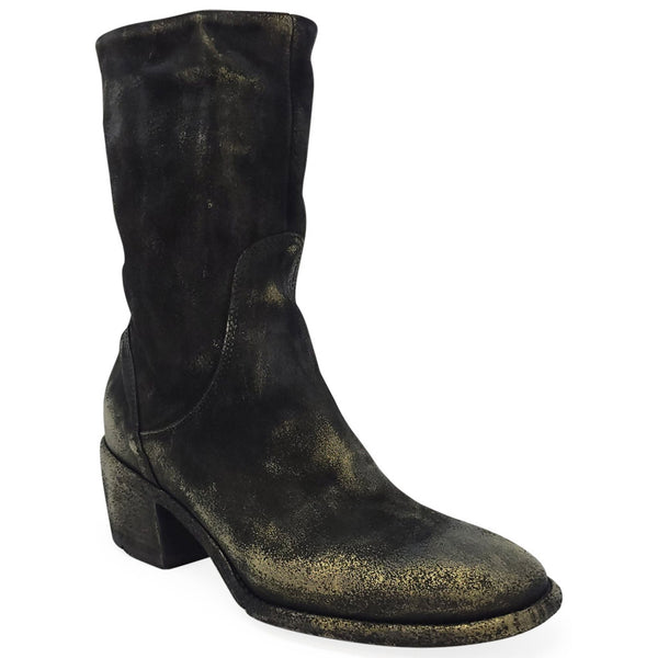 Mid-calf suede metallic boot, side view with block heel