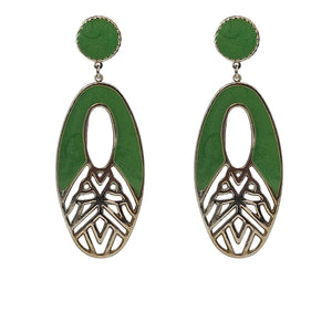 Green enamel oval drop earrings with gold-tone filigree pattern and small round studs