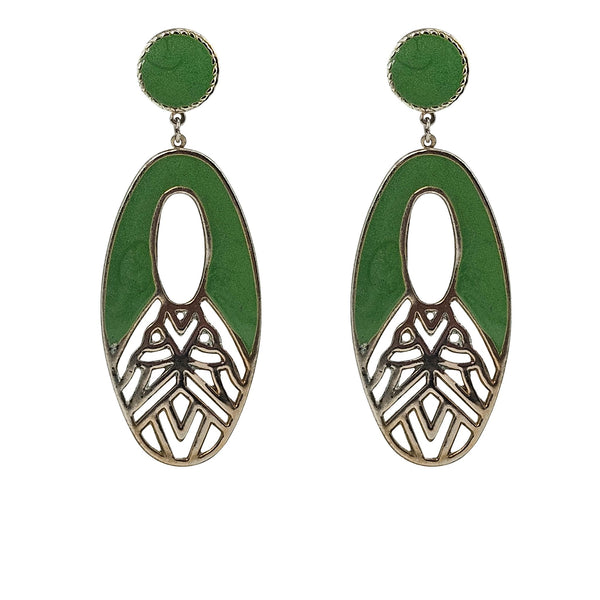 Green enamel oval drop earrings with gold-tone filigree pattern and small round studs