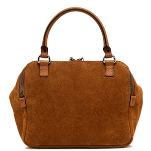 Brown leather handbag with two top handles and side zip pocket