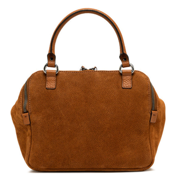 Brown leather handbag with two top handles and side zip pocket