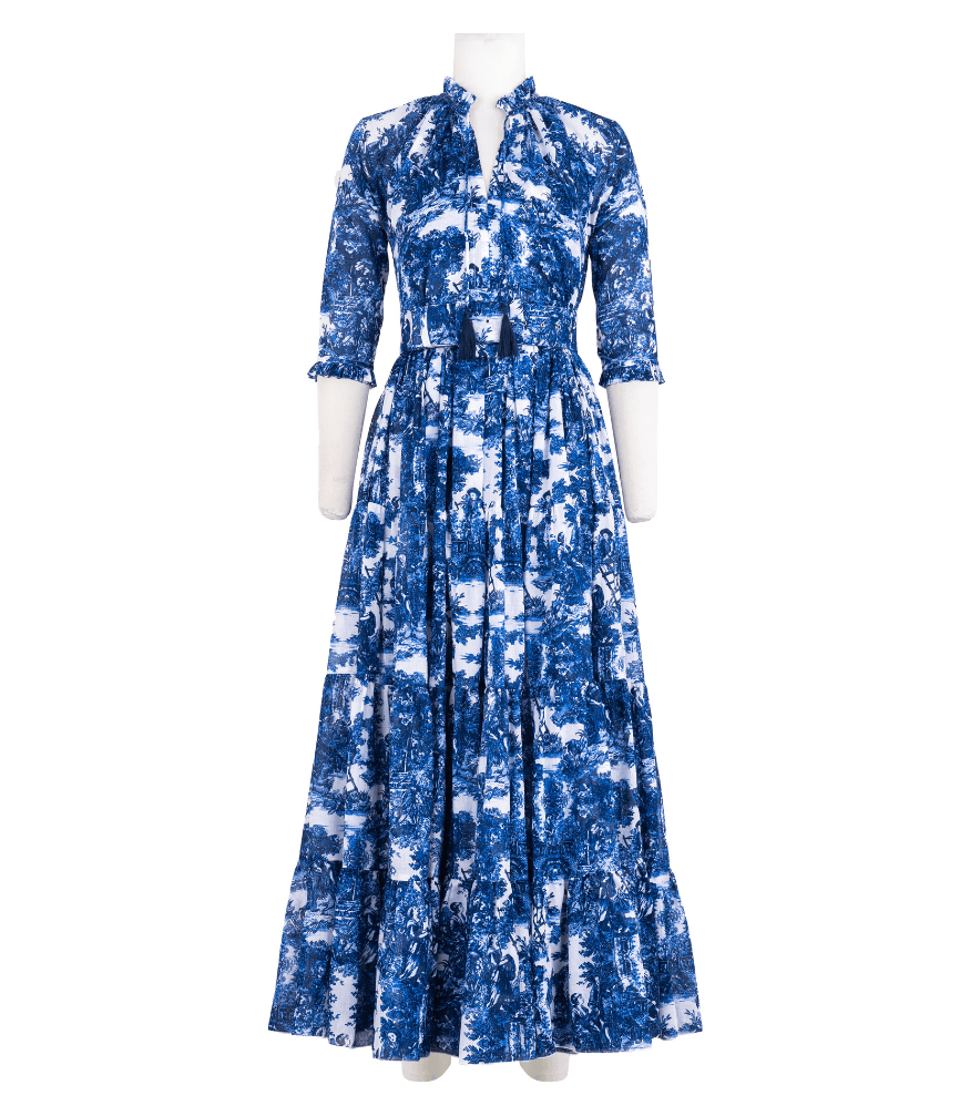 Blue and white printed midi dress, back tie neckline, long gathered skirt