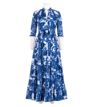 Blue and white floral printed midi dress, cinched waist with gathered tiers