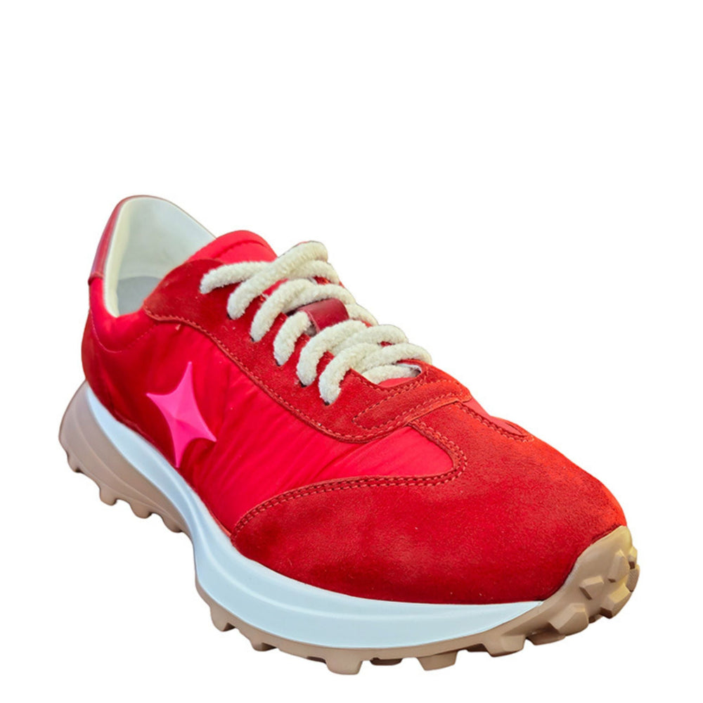 Red Star jogger sneaker, red lace-up with pink star side, chunky white sole