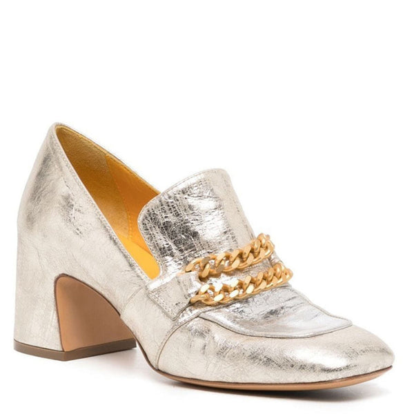 Metallic leather loafer with gold chain ornament and block mid heel