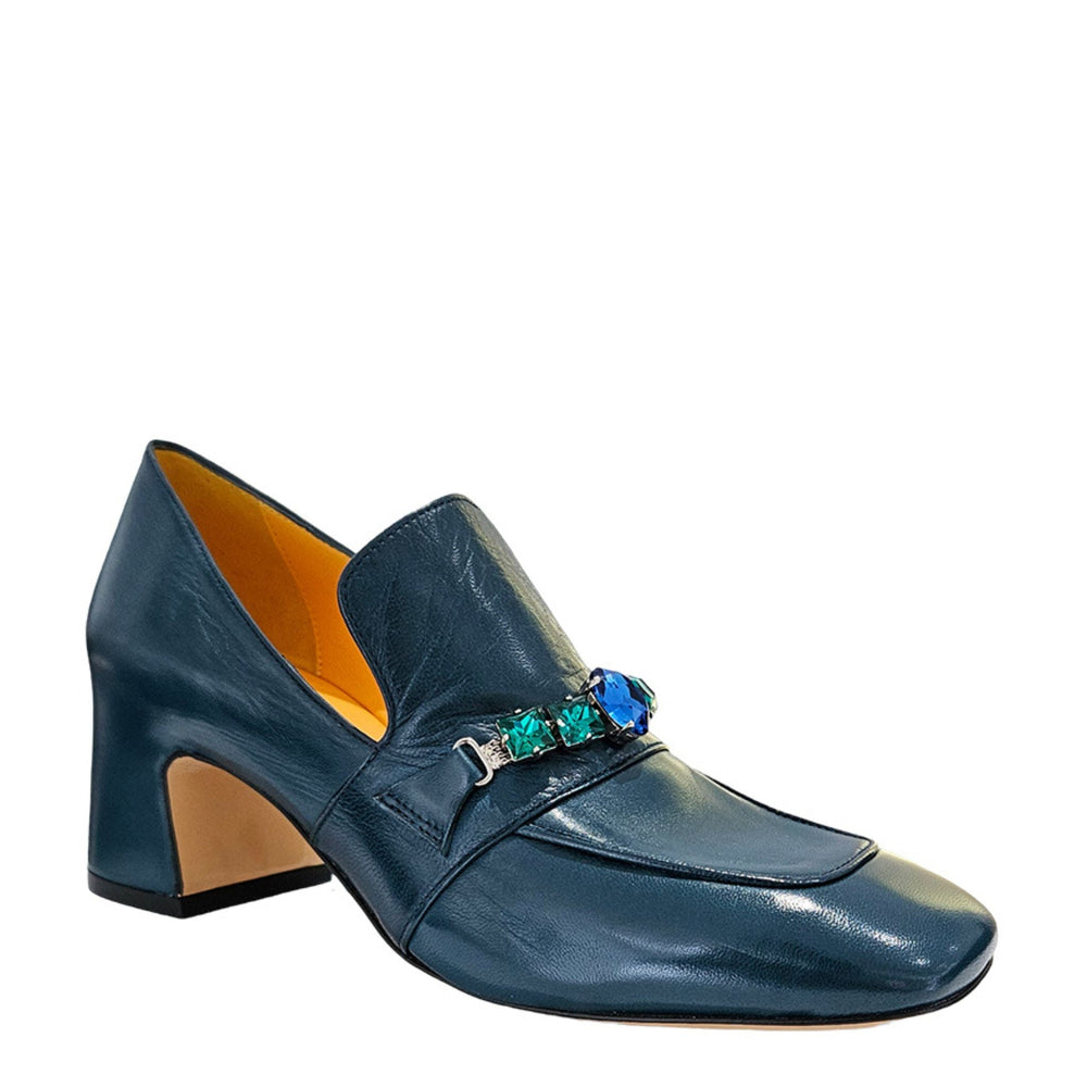Navy leather mid-heel jeweled loafer with jewel bar detail at vamp
